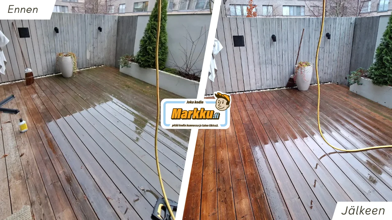 Terassin pesun ennen jälkeen kuva